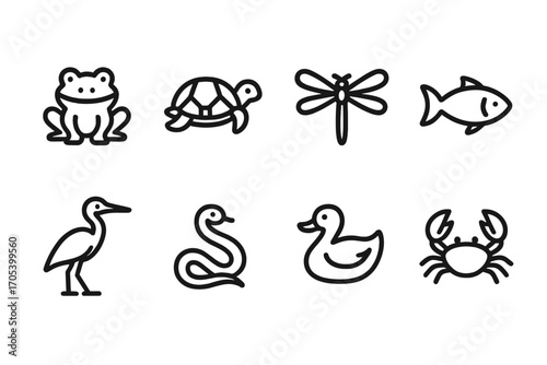 Moat Wildlife Icons. Outline icon set of moat wildlife: frog, turtle, dragonfly, fish, heron, snake, duck, crab. Line icons in