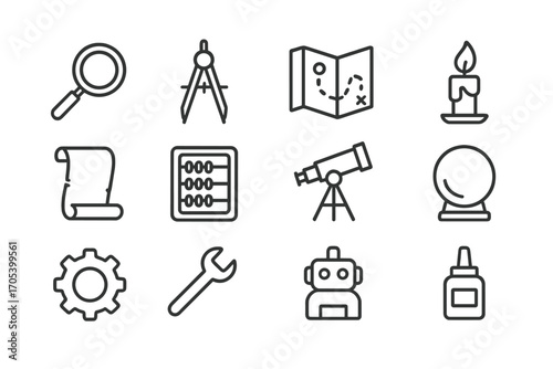 Outline Icon Collection. Outline icon set of wisdom tools: magnifying glass, compass, map, candle, scroll, abacus, telescope,