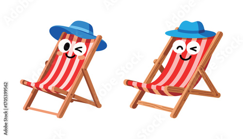 Pair of cute cartoon deck chair characters. Happy beach chair mascot with a sun hat. Vector illustration isolated on a white background.