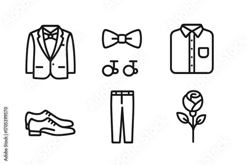 Black Tie Icon Set. Outline icon set of black tie formal wear: tuxedo jacket, bow tie, dress shirt, cufflinks, dress shoes, pocket