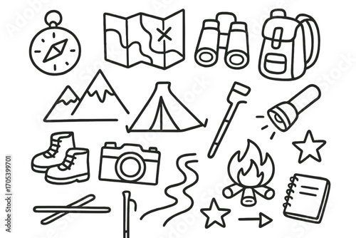 Adventure Essentials Icons. Hand-drawn doodle illustration explore compass, map, binoculars, backpack, tent, mountain, camera,