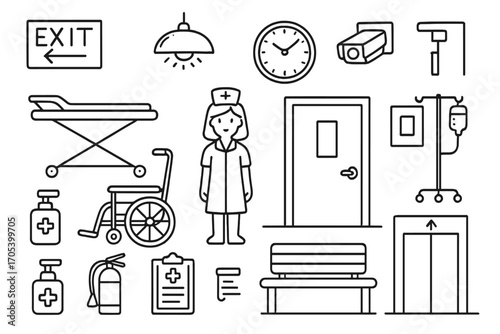 Hospital Corridor Doodles. Hand-drawn doodle illustration hospital corridor stretcher, wheelchair, nurse, exit sign, hand