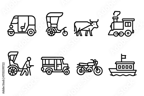 Cultural Icons Collection. Outline icon set of Indian transportation: auto rickshaw, cycle rickshaw, bullock cart, train engine,