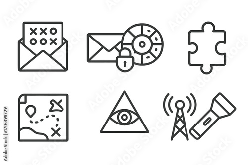 Hidden Message Icons. Outline icon set of hidden messages: coded letter, encrypted email, cipher wheel, puzzle piece, secret map,