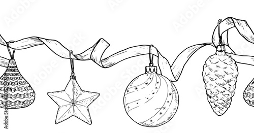 Christmas tree toys with ribbons, black and white sketch. Vector illustration. Seamless horizontal border, icicles, stars and cones, New Year's holiday decoration, isolated on a white background. 