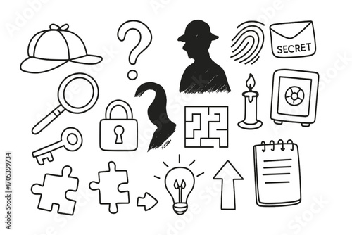 Mystery Detective Doodle. Hand-drawn doodle illustration mystery enigma detective hat, magnifying glass, question mark, shadow,