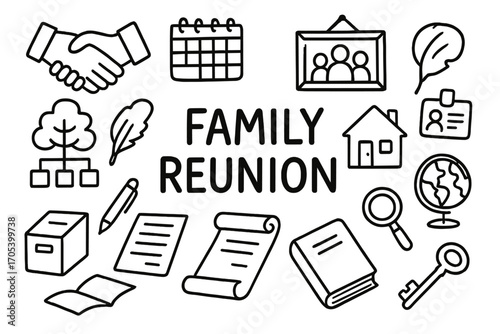 Family Reunion Doodles. Hand-drawn doodle illustration surname family reunion handshake, calendar, photo frame, family tree, house