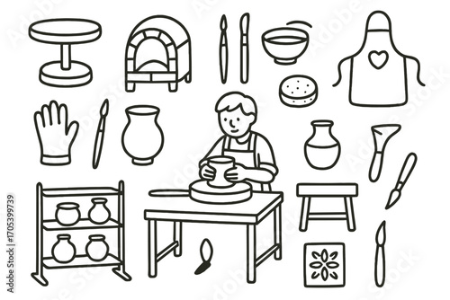 Pottery Workshop Doodles. Hand-drawn doodle illustration pottery workshop clay, potter’s wheel, sculpting tools, kiln, apron,