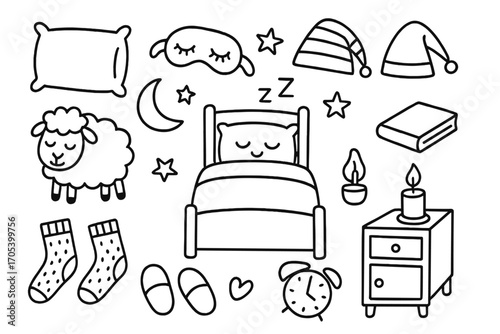 Nighttime Sleep Essentials. Hand-drawn doodle illustration Calm and restful sleep blanket, pillow, bed, moon, stars, sleeping mask