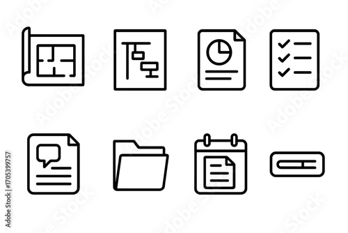 Project Document Icon Set. Outline icon set of project documents: blueprint, gantt chart, report file, task checklist, meeting