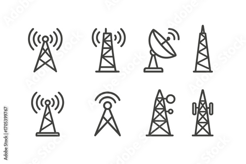 Communication Towers Icons. Outline icon set of communication towers: radio antenna, cell tower, satellite dish, broadcasting