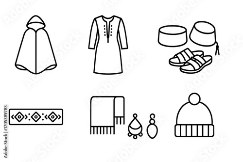 Algerian Clothing Icons. Outline icon set of Algerian traditional clothing: Burnous cloak, Kaftan dress, Fez hat, Leather sandals,