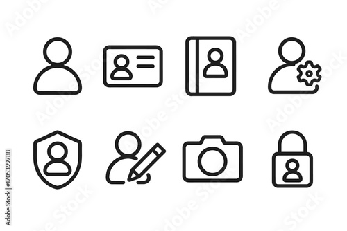 Personal Profile Icons. Outline icon set of personal profiles: avatar, ID card, contact book, settings, privacy shield, pencil