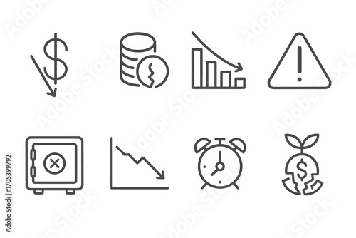 Financial Crisis Icons. Outline icon set of financial crisis: falling dollar sign, broken coin stack, plummeting bar chart,