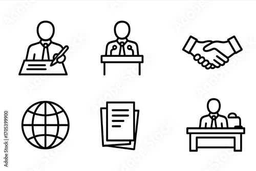 Presidential Icons Set. Outline icon set of presidential activities: signing document, press conference, meeting table, handshake,