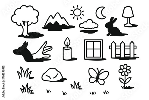 Doodle Shadow Icons. Hand-drawn doodle illustration shadow nature tree shadow, mountain shadow, animal shadow, cloud shadow, sun,