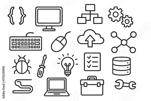 Tech Doodle Icons. Hand-drawn doodle illustration software framework code brackets, computer monitor, flowchart, gears, keyboard,