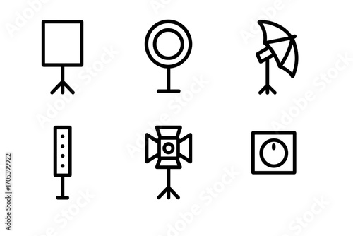 Studio Lighting Icons. Outline icon set of studio lighting: softbox, ring light, umbrella light, LED strip, spotlight, dimmer,
