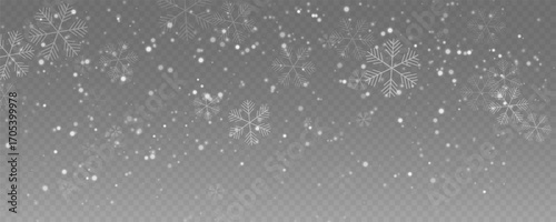Falling snow overlay with beautiful, detailed snowflakes. Vector illustration for winter, Christmas, and New Year holiday backgrounds. A perfect element for seasonal and festive design projects.