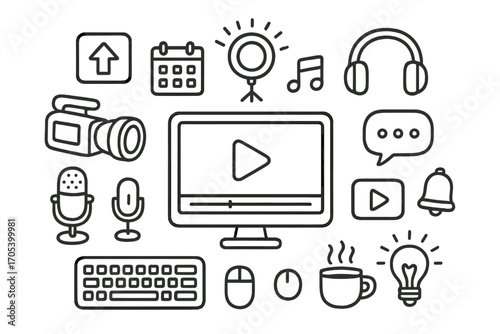 Content Creation Icons. Hand-drawn doodle illustration Streaming and content creation workflow computer monitor, camera,