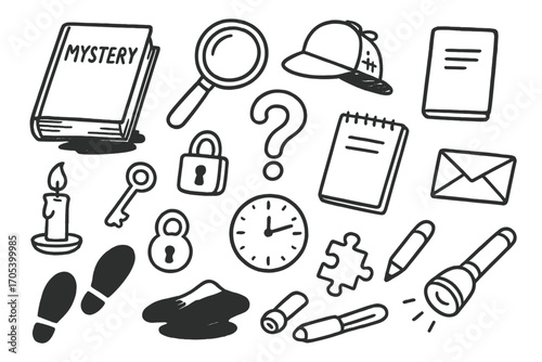 Mystery Doodle Elements. Hand-drawn doodle illustration mystery novel book, magnifying glass, question mark, detective hat,
