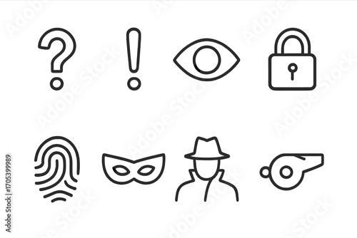 Secret Symbols Icons. Outline icon set of secret symbols: question mark, exclamation mark, eye, padlock, fingerprint, mask, shadow