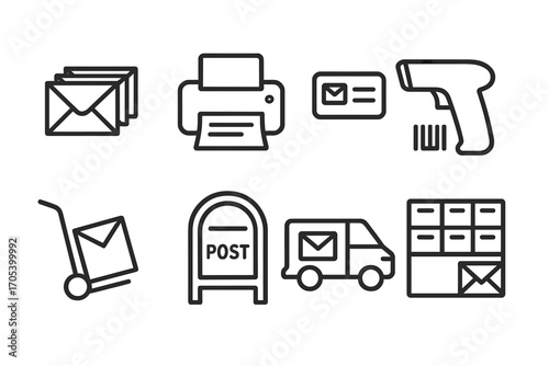 Mass Mailing Icons. Outline icon set of mass mailing process: envelope bundle, printer, address label, barcode scanner, mailing