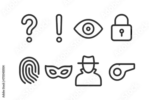 Secret Symbols Icons. Outline icon set of secret symbols: question mark, exclamation mark, eye, padlock, fingerprint, mask, shadow