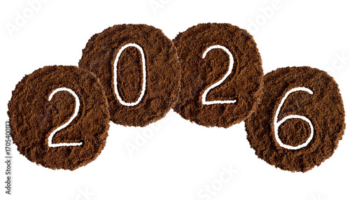 Numbers 2026 New Year made of ground coffee or pistachios, decor for cards and design