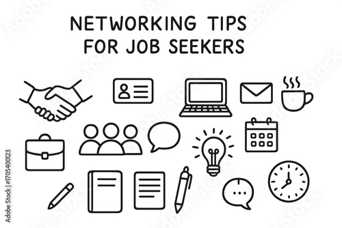 Networking Essentials Icons. Hand-drawn doodle illustration Networking tips for job seekers handshake, business card, phone,