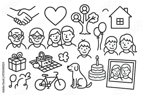 Family Bond Icons. Hand-drawn doodle illustration extended family connection handshake, heart symbol, family tree, house, smiling