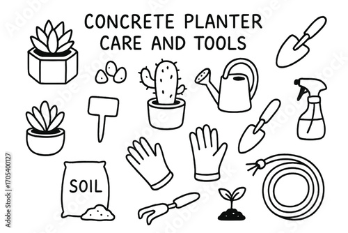 Concrete Planter Tools. Hand-drawn doodle illustration Concrete planter care and tools concrete pot, succulent, cactus, trowel,