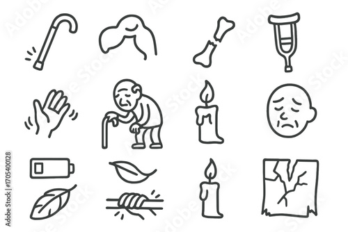 Symbols of Frailty. Hand-drawn doodle illustration physical frailty bent stick, sagging muscle, broken bone, crutch, trembling
