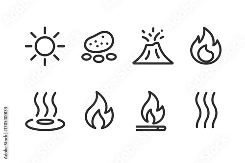 Thermal Energy Icons. Outline icon set of thermal energy: radiant sun, glowing ember, volcanic heat, fire blast, hot springs,