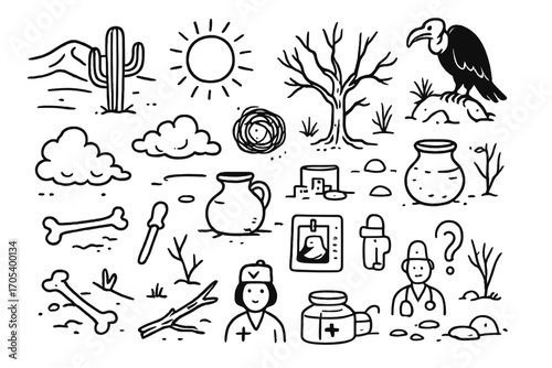 Desert Doodle Icons. Hand-drawn doodle illustration desert barrenness sand dunes, dry cactus, cracked soil, sun, dry shrub, dead