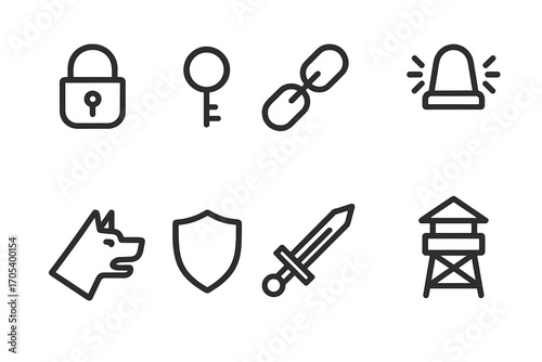 Crypt Protection Icon Set. Outline icon set of crypt protection: lock, key, chain, alarm bell, guard dog, shield, sword,