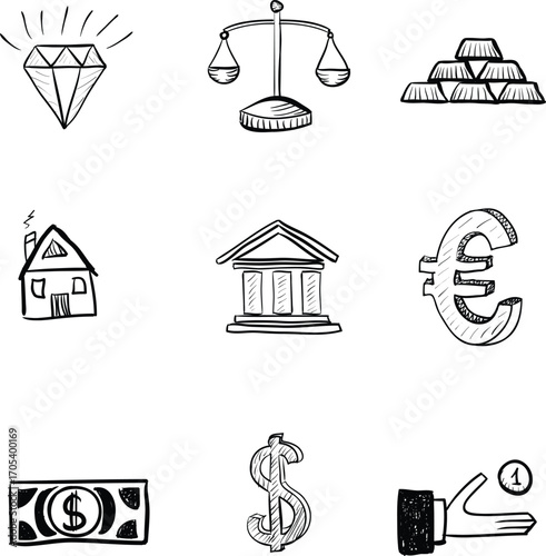 Sketch-style black and white money icon set with euro, dollar, and currency symbols