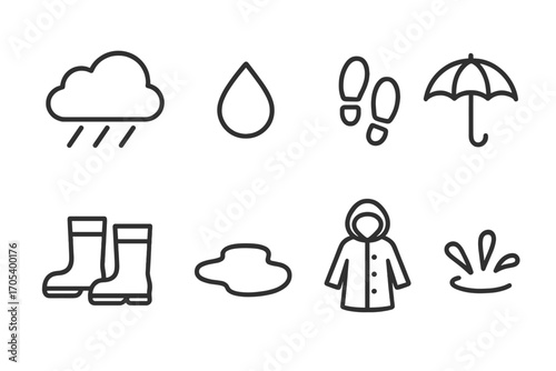 Rainy Weather Icons. Outline icon set of rainy weather: rain cloud, raindrop, wet footprints, umbrella, rain boots, puddle,