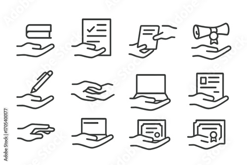Education and Locker Icons. Outline icon set of hand over in education: passing book, handing test paper, exchanging notes,
