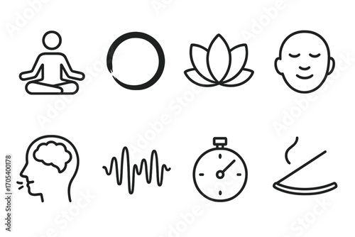 Mood and Speech Icons. Outline icon set of mindfulness breathing: yoga pose, zen circle, lotus flower, calm face, peaceful mind,