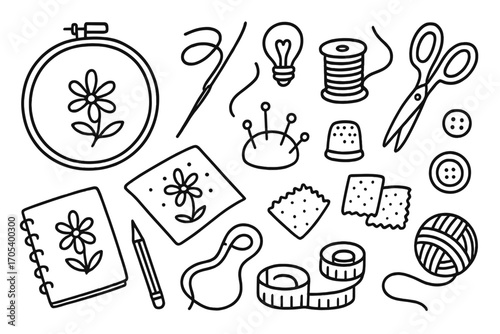 Embroidery Tools Doodle. Hand-drawn doodle illustration handmade embroidery embroidery hoop, needle, thread spool, fabric,