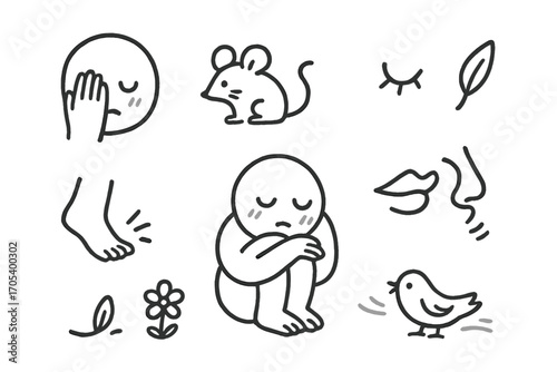 Shy Doodle Illustration. Hand-drawn doodle illustration timidity shy face, hiding behind hand, blushing cheeks, small mouse,
