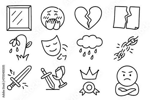 Symbolic Doodles of Indignity. Hand-drawn doodle illustration shame and indignity broken mirror, blushing face, cracked heart,