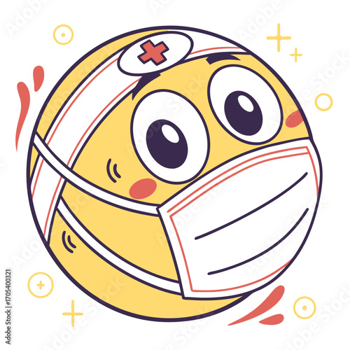 Vector art of a cartoon emoji wearing a mask and bandage shows a feeling of sickness and care