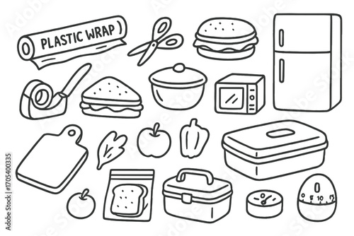 Kitchen Essentials Doodle. Hand-drawn doodle illustration Plastic wrap roll of plastic wrap, scissors, sandwich, bowl with lid,