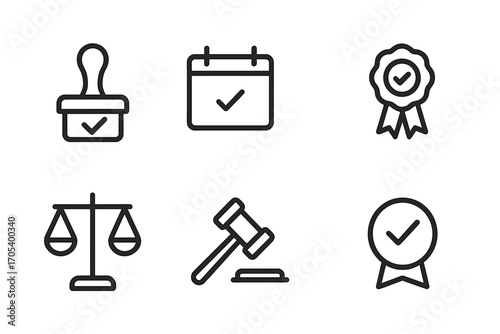 Legal Icon Set. Outline icon set of decree validity: stamp approved, calendar, certificate, ribbon, legal scales, gavel, checkmark