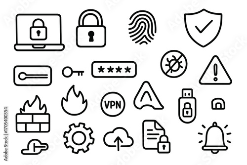 Laptop Security Icons. Hand-drawn doodle illustration Laptop security laptop, padlock, fingerprint, shield, antivirus icon,
