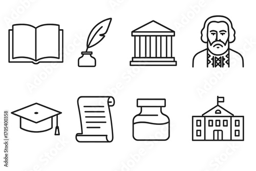 Iconic Cultural Sets. Outline icon set of Belarusian education and literature: book, quill pen, library, Belarusian poet,