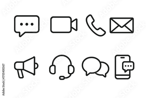 Communication Icons Set. Outline icon set of communication methods: chat box, video call, phone receiver, email envelope,