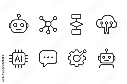 AI Icon Set. Outline icon set of artificial intelligence: robot head, neural network, algorithm, data cloud, AI chip, speech
